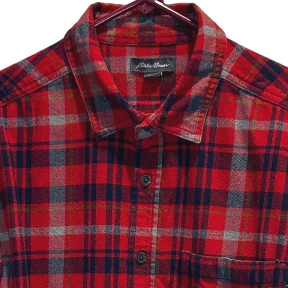 Eddie Bauer Mens Large Red Plaid Long Sleeve Button Down Flannel Shirt Cotton